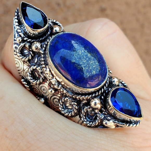 New Lapis Lazuli & Blue Topaz 925 Silver Statement Ring. - Picture 3 of 11